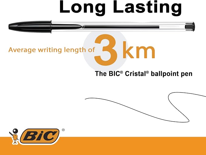 BIC Cristal Original Ballpoint Pens, Every-Day Biro Pen, Fine Point (1.0mm), Ideal for School, Black Ink, 100 Count (Pack of 1)