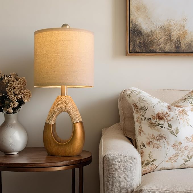 19" Table Lamps Set of 2, Boho Lamps for Living Room, Rustic Bedside Lamps for Bedroom, Farmhouse Rattan Table Lamp, Small Space Nightstand Lamp for Home Office (Bulb Not Included, Gold)