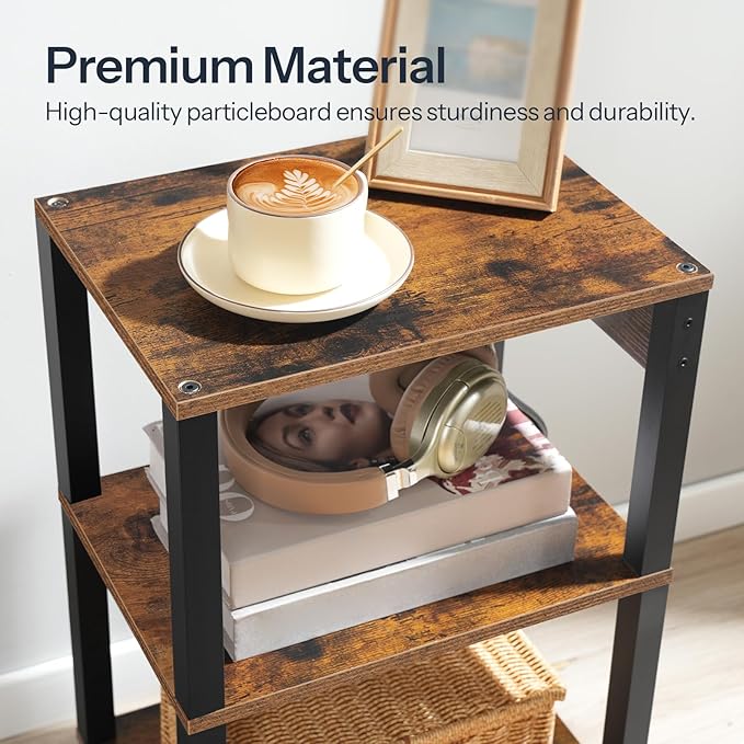 HOOBRO 3-Tier Printer Stand with Charging Station, Under Desk Printer Table, Printer Cart with Storage Shelves, Shelf for Small Spaces, for Home Office, Rustic Brown and Black BF63UPS01