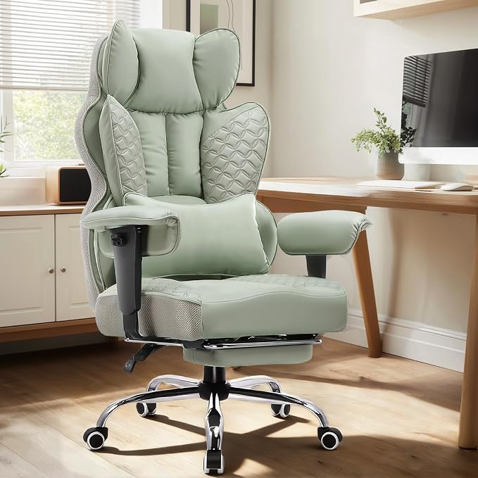 COMHOMA Big and Tall Office Chair Heavy Duty Wide Ergonomic Gaming Chair with Deluxe Embossing Designed Leather with Foot Rest,150°Reclining Adjustable Armrests Pocket Spring Back Support and Pillow