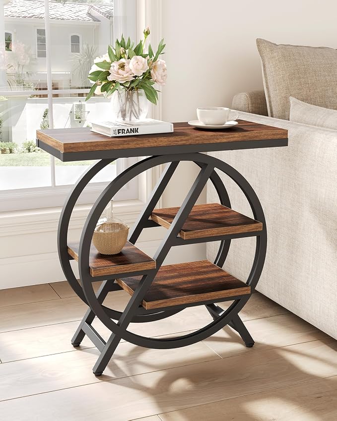 LITTLE TREE Industrial End Table, Narrow Side Table | Modern Bedside Table with 4-Tier Large Storage Space for Living Room, Home Office, Bedroom, Brown
