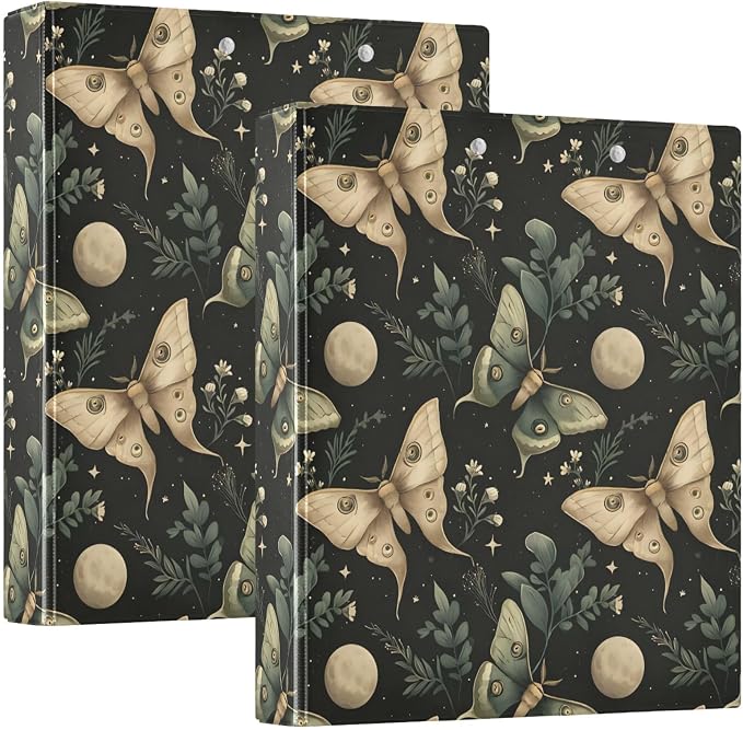 Moon Moth Green Boho 3 Ring Binder with 2 Interior Pockets 1.5 inch Binders 3 Ring Heavy Duty Fit 8.5" x 11" Letter Size for Office School, 2 Pack