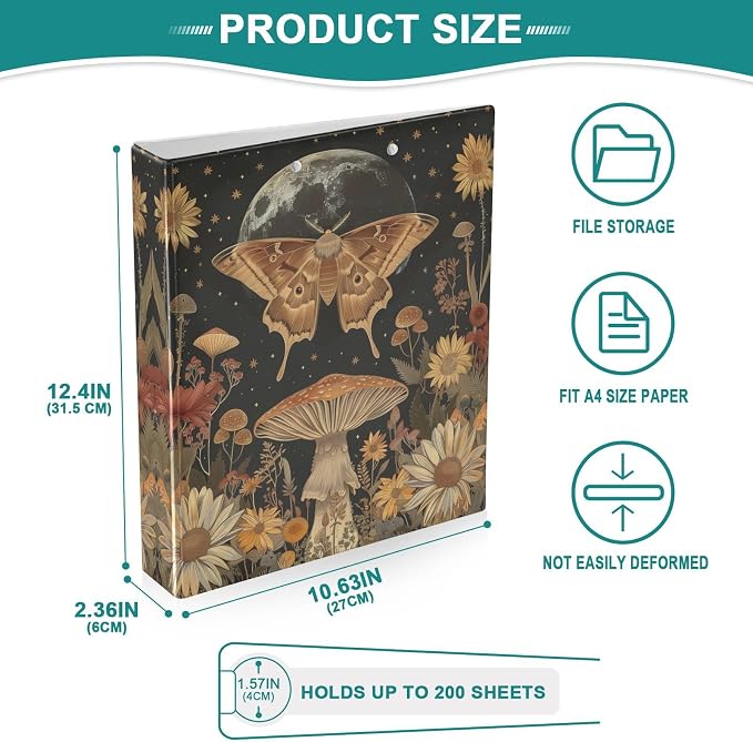 Moth Mushroom Flower Printed 3-Ring Binder for School Office, 1.5 Inch Round Ring Binder for Home Recipe Budget Aesthetic Binder with Pocket Metal Non-Slip Clip Holds 200 Sheets of Paper