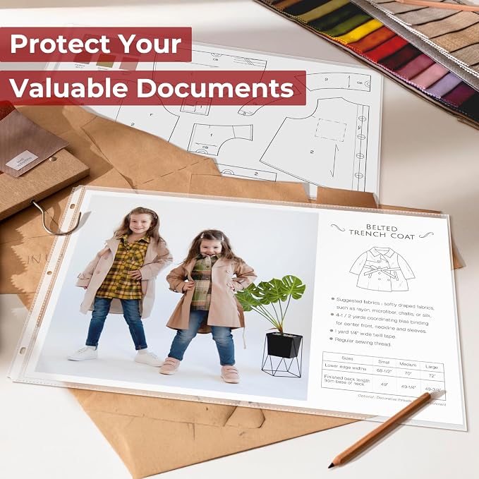 Dunwell 11x17 Sheet Protectors, Clear Archival Sleeves, 50 Pack | Ledger Size Plastic Sleeves, 3-Hole Punched, Fits 3-Ring Binders, Heavyweight Oversized Pages
