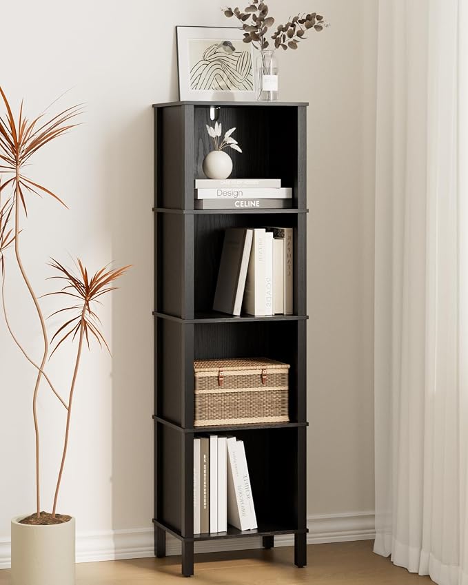 Bookshelf, Modern 5-Tier Bookcase, Open Storage Book Shelf, 11 × 14.2 × 50.4 Inches, Small Narrow Bookshelves for Living Room, Home Office, Bedroom, Black
