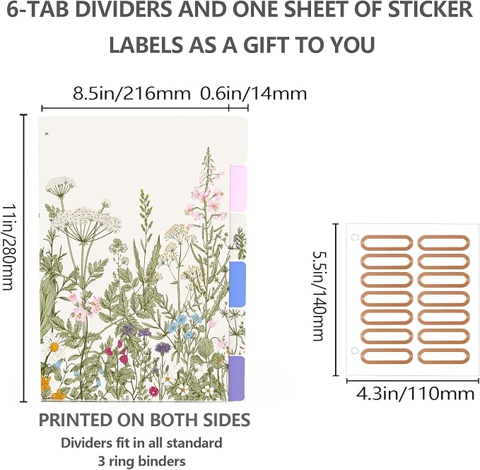 3 Ring Binder 1 Inch, Cute Round Ring Binders with 6 Tab Dividers, Labels Stickers, Low Profile Clipboard with Storage, Fashion Binder School Office Supplies(Garden Flowers)