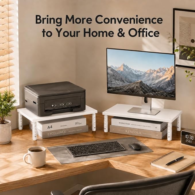 Adjustable Monitor Stand Riser for Desk, Wood Computer & Laptop Stand, Desk Organizers and Accessories, Office Desk Accessories & Workspace Organizer for Home Office Supplies, White