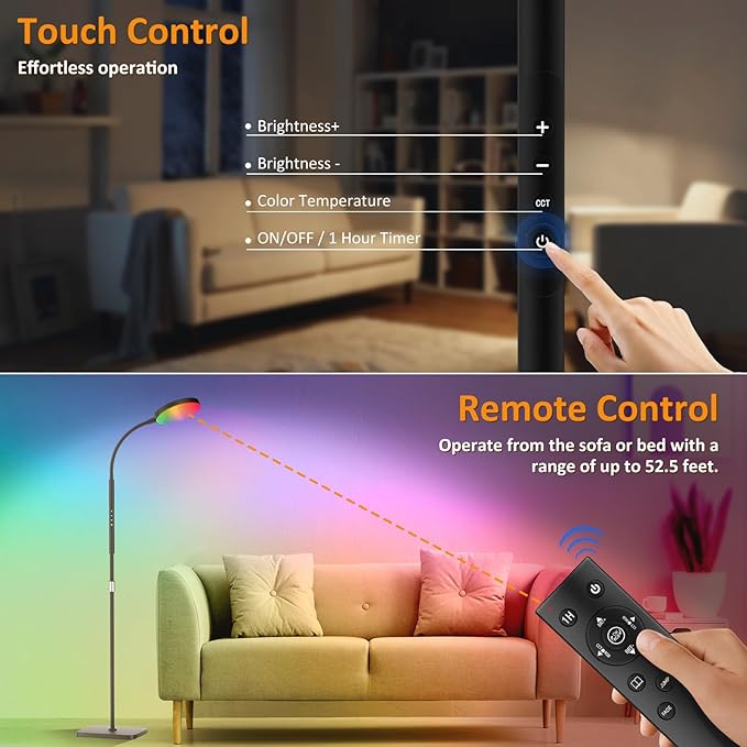 PACOVY Floor Lamp, Adjustable Height Floor Lamps for Living Room Bedroom, 120 LED Super Bright Standing Lamp Remote Control Dimmable Gooseneck Tall Stand Reading Lamp for Office Craft, Black-RGB