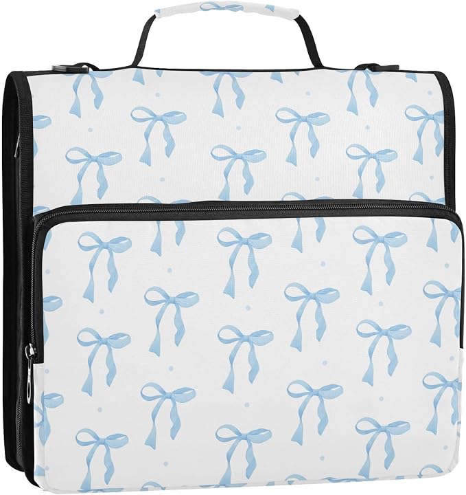 ALAZA Zipper Binder 3 Ring Blue Bow Binder Organizer with Zipper and Shoulder Strap Large Capacity Multi-Pocket Trapper Keeper File Folder for Office Supplies