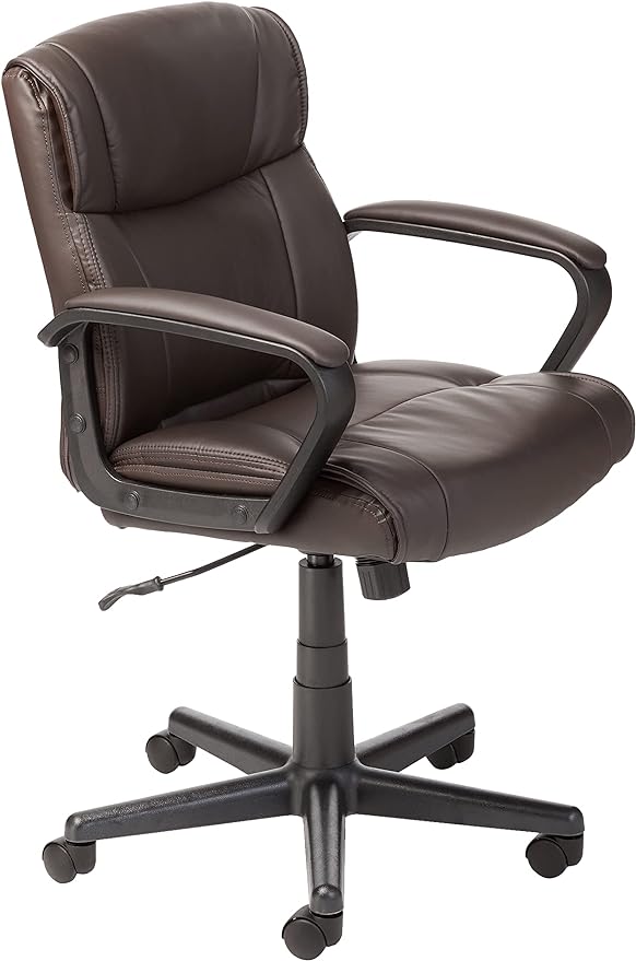 Amazon Basics Office Task Chair with Adjustable Height, 360° Swivel, Padded Armrests, Mid-Back, Rolling, 275 Pound Capacity, 24"D x 24.2"W x 34.8"H, BIFMA Certified, Dark Brown Faux Leather