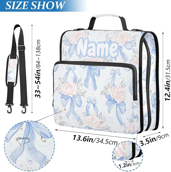 Custom Blue Bows Pink Roses 3 Ring Binder Bag 1.5 inch Personalized Name Binder Organizer 500 Sheet Documents Storage for School Office