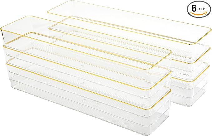 Martha Stewart Kerry Stackable Desk Drawer Organizers, Clear/Gold, 6-Pack | 12x3 in Organizers, Gold Trim, Stackable