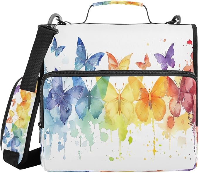 Colorful Butterfly Waterproof Zipper Binder with Shoulder Strap, 3-Ring Trapper Keeper with Lay-Flat Design and Multiple Compartments for School & Office, Adults & Kids