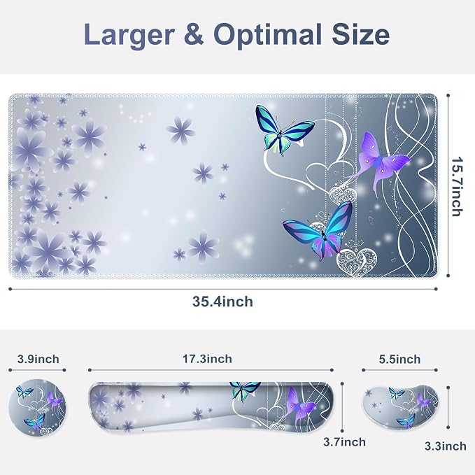 Cute Butterfly Desk Mat, Florals 4 in1 Large Gaming Mouse Pad Set, Ergonomics Keyboard Pad with Memory Foam Wrist Rest, Extended Game Mousepad Non-Slip Desk Protector Matt Easy Typing Pain Relief