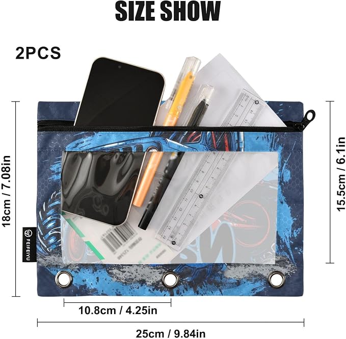 Custom Truck Blue Pencil Pouch for 3 Ring Binder, 2 Pack Personalized Name Waterproof Pencil Bags Clear Window Pencil Case School Office Supplies
