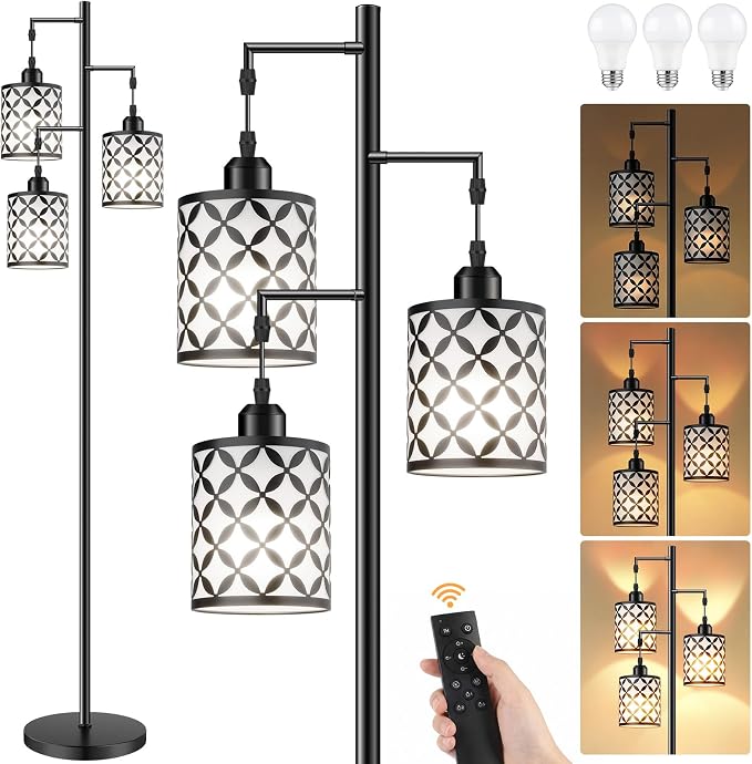 Dimmable Floor Lamp, Farmhouse Standing Lamp with Elegant Metal Cage, Industrial Tall Tree Floor Lamps for Living Room Bedroom Study Office with Remote & 3 x 800LM 9W LED Bulbs - 72", Black