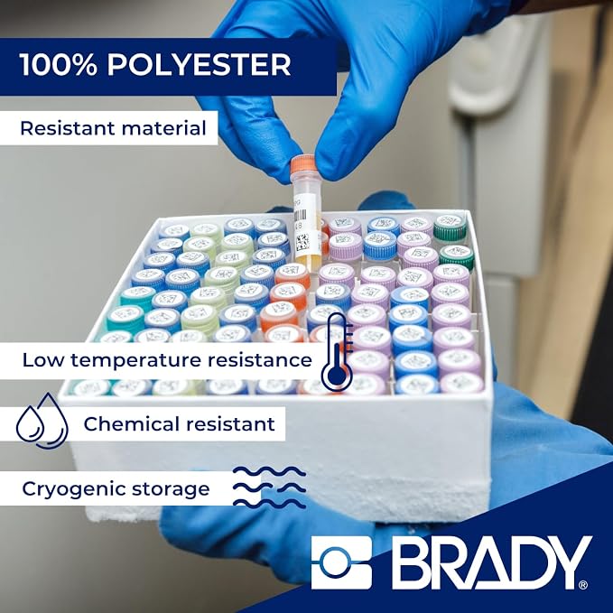 Brady Authentic (M5-118-492) FreezerBondz™ Ultra-Thin Cryogenic Polyester LBL .375 x 1 x .375Dia Black on White, 240 Labels. for use with the BMP51 and M511 Label Printers