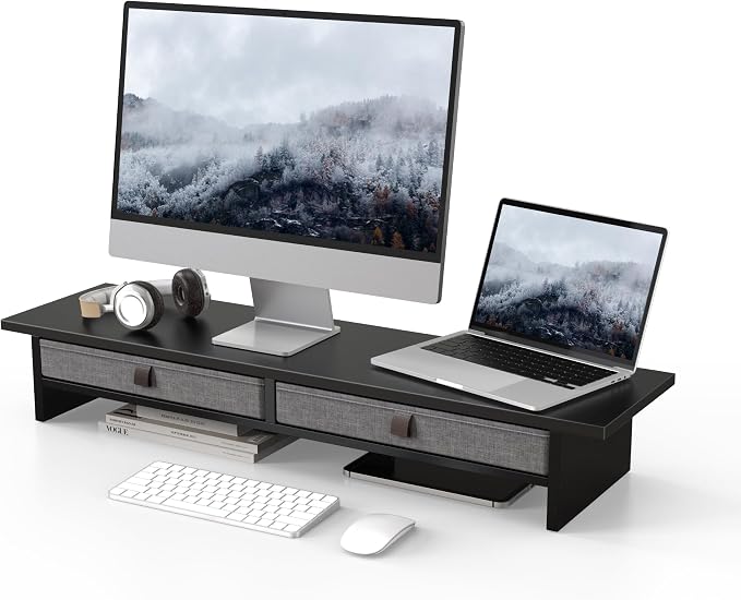Fenge 35 Inch Monitor Stand with Drawer Storage, Computer Riser for Desk | Wooden Computer Shelf, 2 Tiers, for Dual Monitor/Laptop/PC/TV/Printer up to 55Lbs, Home Office Desk Organizer