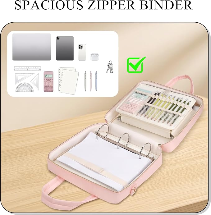 Zipper Binder | 3 Inch O-Ring, 600 Sheet Capacity Trapper Keeper with Shoulder Strap & Handle, Binder Bag with Multiple Storage Pockets, Fits 13" Laptop (Pink)