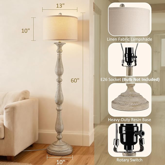Vintage Floor Lamp for Living Room, Rustic Farmhouse Standing Lamp with Rotary Switch and Linen Shade, Retro Resin Floor Lamp for Bedroom, Corner, Dining Room, House Decor, Grey