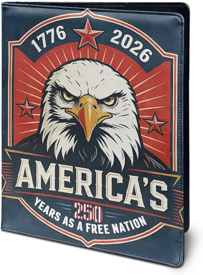 Dreaweet America's 250 Years Leather Portfolio Case Retro Patriotic Badge Padfolio Cover Conference/Resume/Legal Document Organizer with Letter/A4 Size Clipboard,Business Card Holders