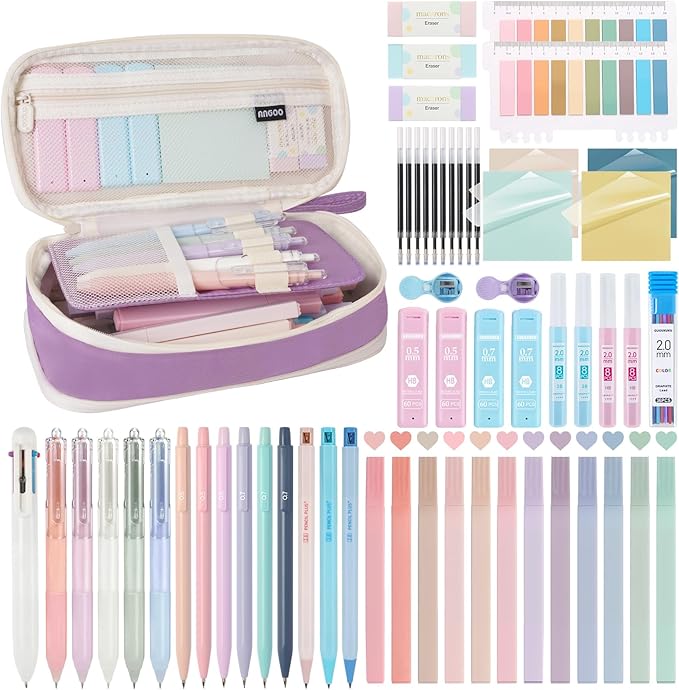 58 PCS Aesthetic School Supplies with Cute Pencil Case,12 Pastel Highlighters, 5 Gel Pens Black Ink，9 Mechanical Pencils for，Student Stationary，CollegeEssentials Gifts (Purple)