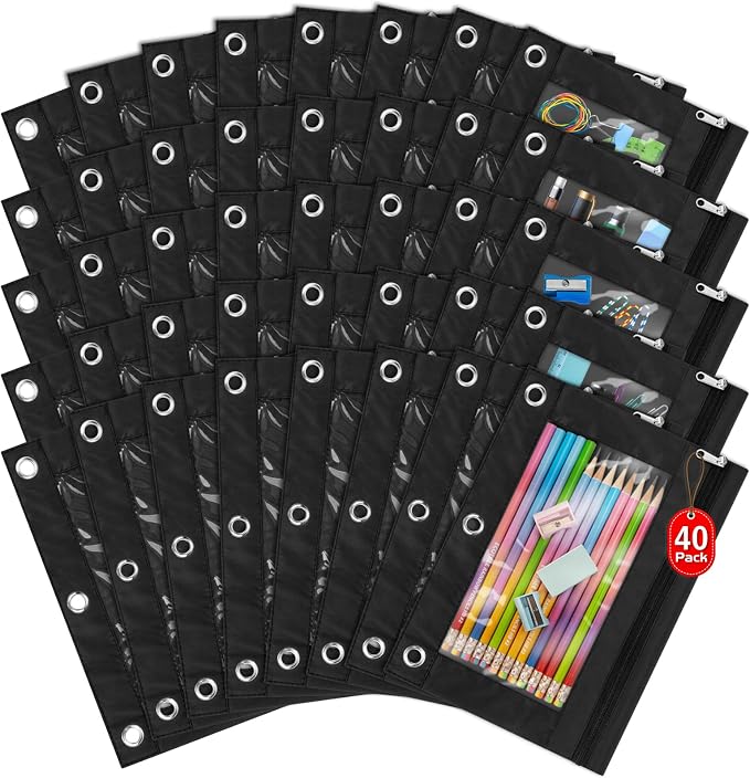 IKAYAS 38 Pack Pencil Pouch for 3 Ring Binder with Zipper, Black | Pencil Pouches Pencil Bags for Classroom bulk Pencil Box Pencil Case for Storing School Students Teacher Supplies