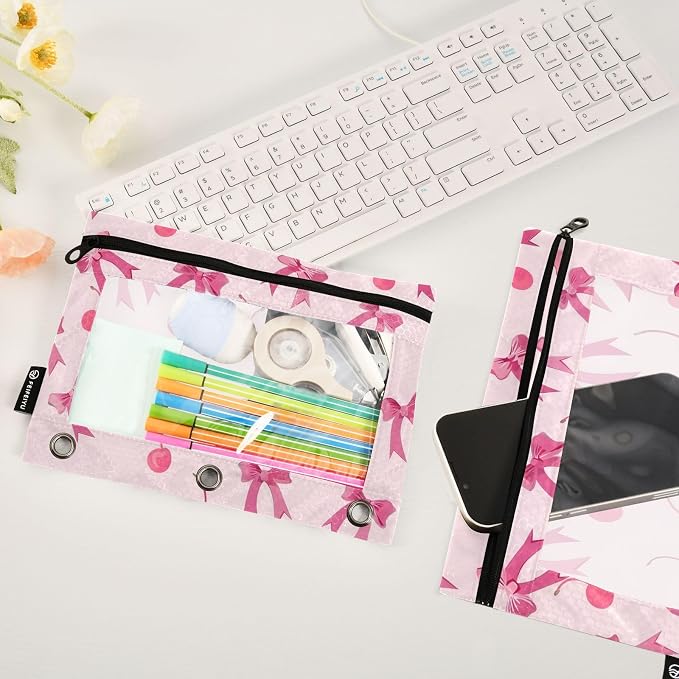 Pink Bows Cherry Pencil Pouch for 3 Ring Binder, 2 Pack Waterproof Pencil Bags Clear Window Pencil Case Zipper School Office Supplies