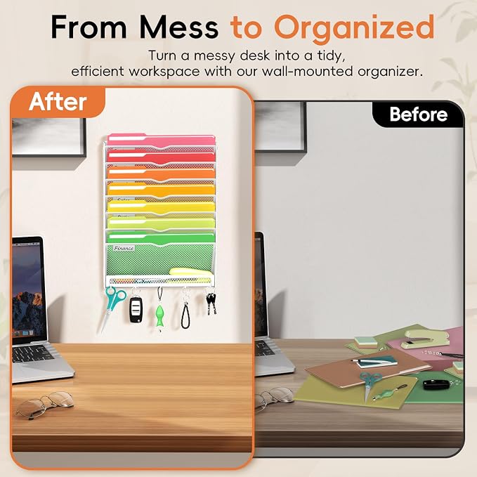 8-Tier Wall File Organizer with Hook, Hanging File Organizer White | Wall-mounted mail storage holds papers, folders, files, clipboards and magazines, assembly required for office or home use.
