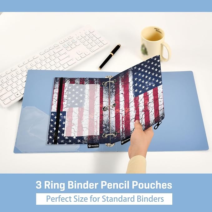 Retro American Flag Pencil Pouch for 3 Ring Binder, 2 Pack Waterproof Pencil Bags Clear Window Pencil Case Zipper School Office Supplies