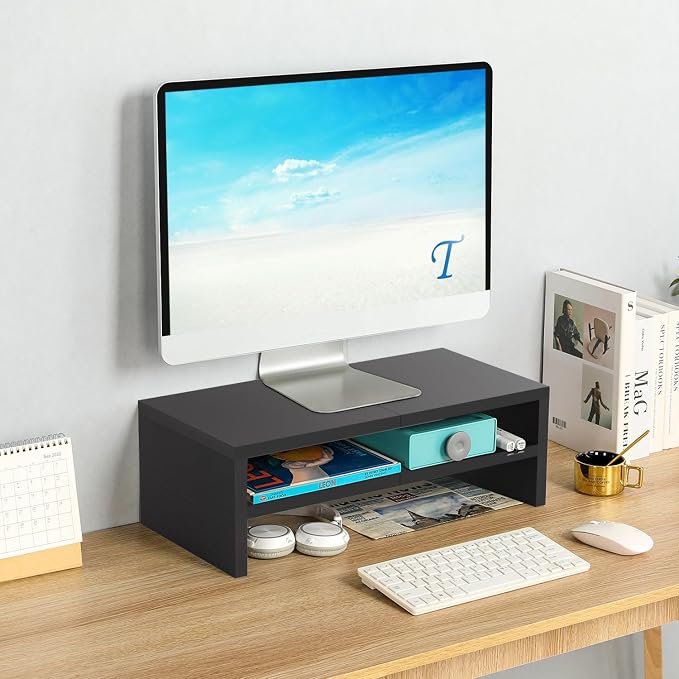 TEAMIX 20 inch Wood Monitor Riser Stand with Keyboard Storage，2 Tiers Black | Laptop/PC/Printer Stand, Wood Desk Bookshelf, Ergonomic Design, Holds 80 Lbs,Small TV Stand, Home Office Desk Accessories