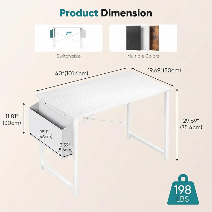 OLIXIS Small Computer Desk, 40 Inch Gaming Desks for Home Office | Writing Study Craft Work Table, Computer Workstation for Bedroom Small Spaces with Storage Bag, All White