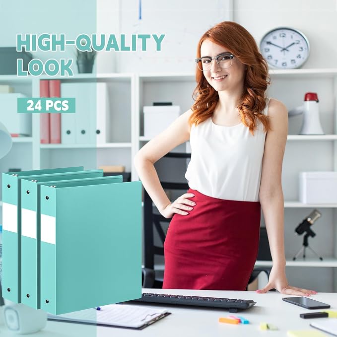 Henoyso 24 Pcs 1.5 Inch 3 Ring Binders, Letter Size,Teal | Binders Bulk, Holds 350 Sheets, Round Rings, Durable Flexible PP Plastic Covers, Pockets Labels, School Office Supplies