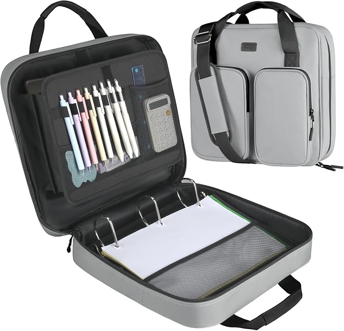 3 Inch Zipper Binder 3 Ring with Shoulder Strap & Multi-Pocket | Binder with Zipper Holds Up to 700 Sheets for Office School, Compatible with 13” MacBook Laptop ipad, Grey