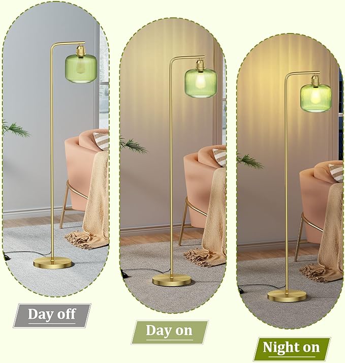 66" Gold Floor Lamp,Standing Lamp with Green Ribbed Glass for Living Room | Vintage Floor Lamp with Brushed Gold Finish,Pedal Switch and 3000K LED Bulb, Arc Floor Lamps for Bedroom & Study Room