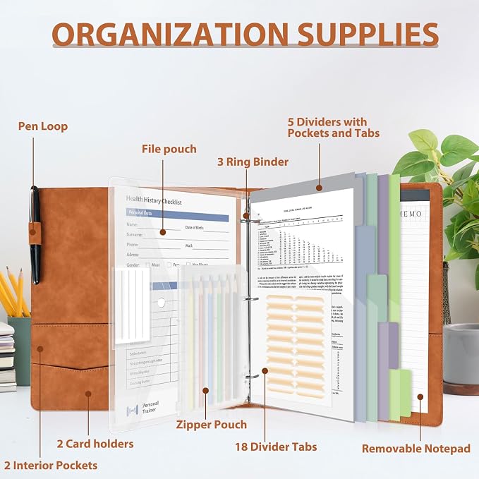 Grid Leather 3 Ring Binder 1 Inch, with Clipboard Notepad&5 Dividers with Pockets, Labels,PU Clipboards for School Office(Brown,Letter Size)