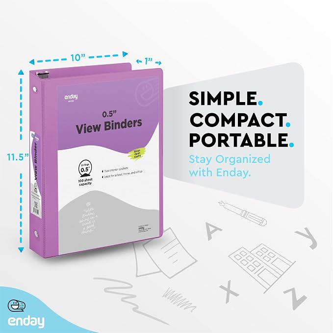 Enday 1/2 inch Binder 3 Ring Binder (24 Pack - Purple) O-Ring Binder with Clear View Cover and 2 Inside Pocket - for Letter Size 8.5 x 11'' Paper, Ideal for School Supplies, Office, and Home