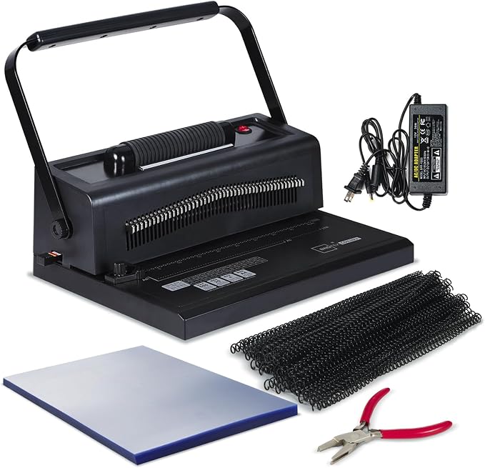 Binditek Spiral Binding Machine, 4:1 Pitch, 20-Sheet Punch, with Bonus Kit | 46 Disengageable Pins, Electric Coil Inserter, Adjustable Side Margin, with 100 8Mil PVC Covers, 100 5/16 in Coils and Pliers