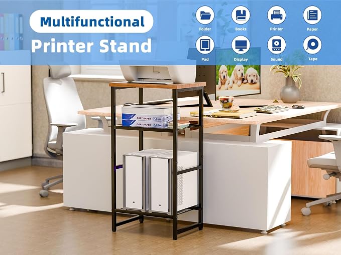 Industrial 3 Tier Printer Stand, Home Printer Wood Table with Wire Storage Shelf for Scanner Fax Machine, Heavy Duty Metal, Rustic Brown with Burly Wood Board