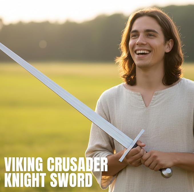 SZCO 36.5" Battle Tested Broad Medieval Sword – Collectible Viking Crusader Knight Sword with 29" Carbon Steel Blade, Leather Wrapped Scabbard & Classic Hilt