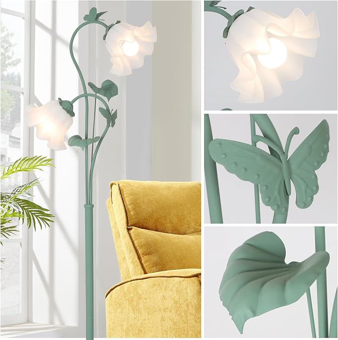 HMVPL Flower Floor Lamp for Living Room, Vintage Floor Lamp with 2 LED 5W Blubs, Foot Switch, Green Standing Lamp with Acrylic Shade, Unique Floral Tall Lamp for Living Room Bedroom Corner Office
