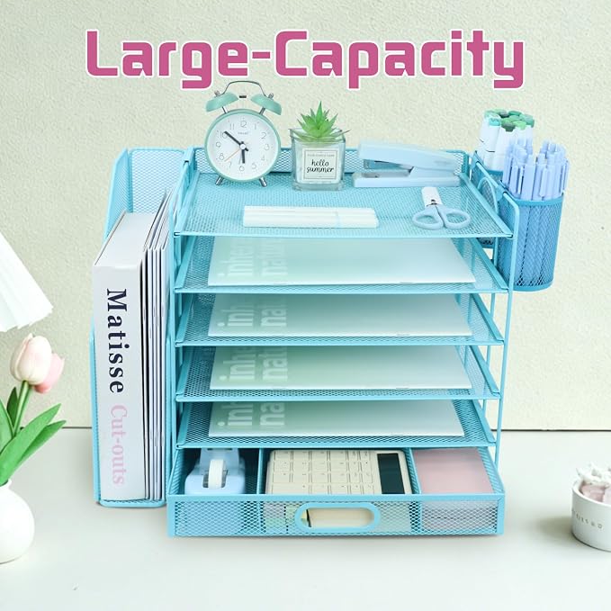 Desk Organizers and Accessories with File Holder, 6-Tier Paper Letter Tray Organiser with Drawer and 2 Pen Holder, Mesh Desktop Document Organizer for Office Supplies, Workspace - Blue