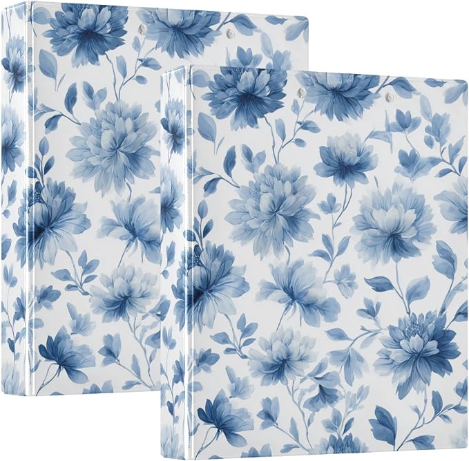 Blue Floral Round Ring Binder for Recipe Budge Storage Organizer, Printed D Ring 1.5 Inch Binders for Office Work School Aesthetic Binder with Clear Pocket Non-Slip Clip