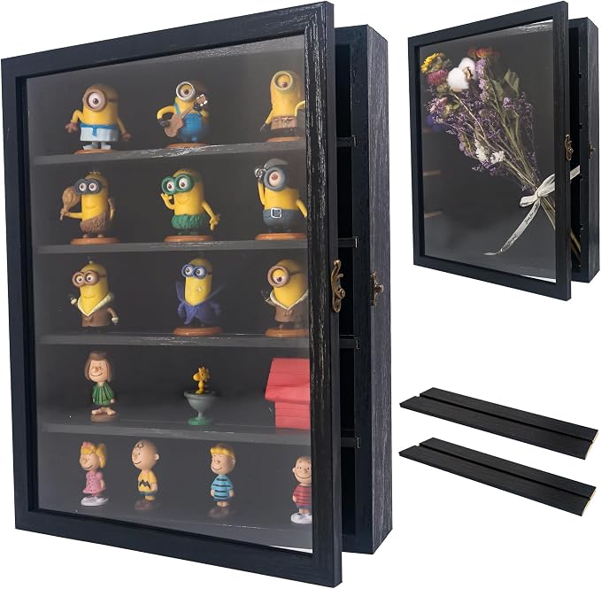Shadow Box with Shelves, Black 11x14 Deep Memory Shadow Box Display Case for Trinket ,Keepsake Collectibles, Coins Military Medals Pins Wedding Flowers