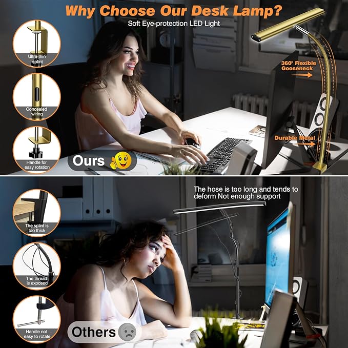 Airlonv LED Desk Lamp with Clamp, 17" Stepless Dimming Light, Gold | 2700K-6500K, 100 LEDs, 360° Gooseneck, Fits Up to 30" Monitors, Flicker-Free Lighting for Home Office, Study& Workbench