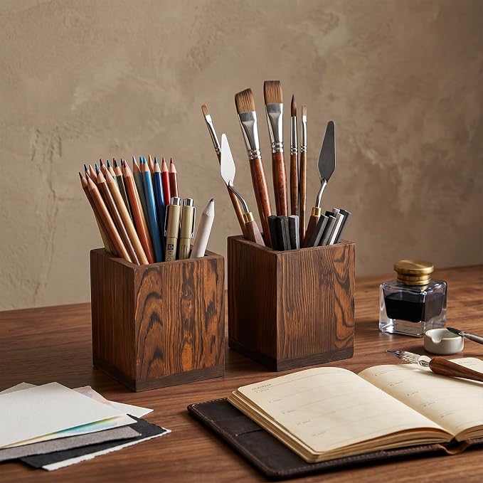 MyGift 2pc Natural Wood Pen Holder Pencil Cup, Desktop Organizer | Two matching cups keep writing tools, art supplies, craft brushes, and small accessories neatly contained and easy to reach