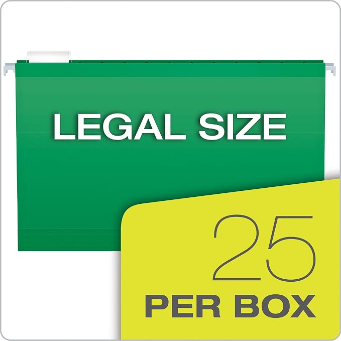 Pendaflex Reinforced Hanging Folders, Legal Size, Bright Green, 1/5 Cut, 25/BX (4153 1/5 BGR) (Pack of 2)