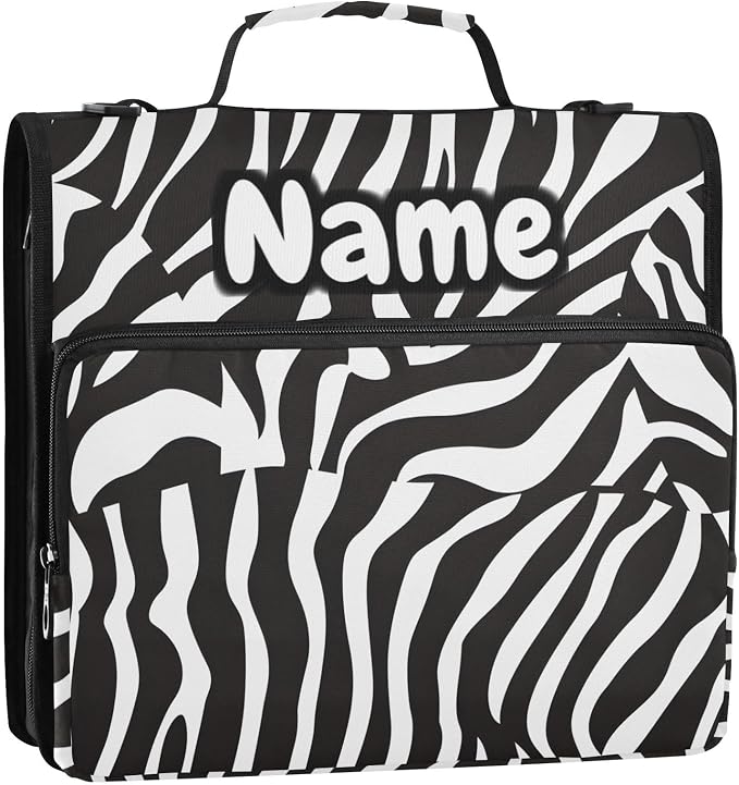 Custom Zebra Print Black White 3 Ring Binder Bag 1.5 inch Personalized Name Binder Organizer 500 Sheet Documents Storage for School Office