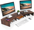 FITUEYES Dual Monitor Stand Riser, Adjustable Length and Angle, Brown | Wooden 3-Shelf Design, Supports up to 55lbs, Flexible for Standard Corner Space, Holds Monitor, Laptop, Phone, Printer
