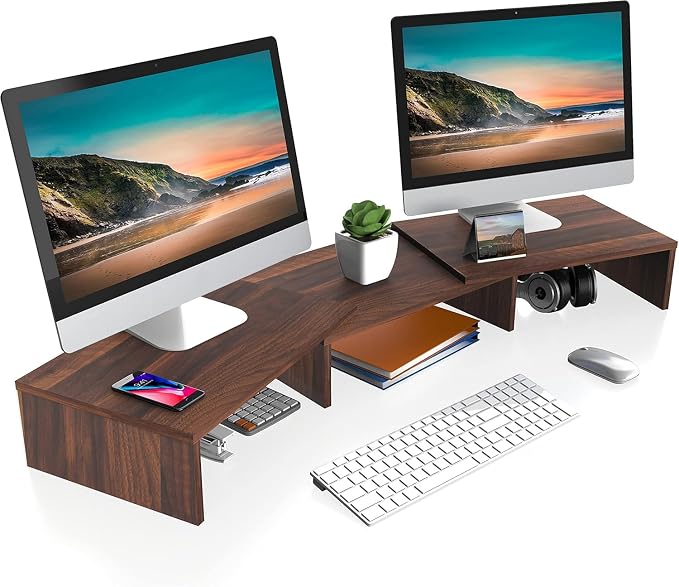 FITUEYES Dual Monitor Stand Riser, Adjustable Length and Angle, Brown | Wooden 3-Shelf Design, Supports up to 55lbs, Flexible for Standard Corner Space, Holds Monitor, Laptop, Phone, Printer